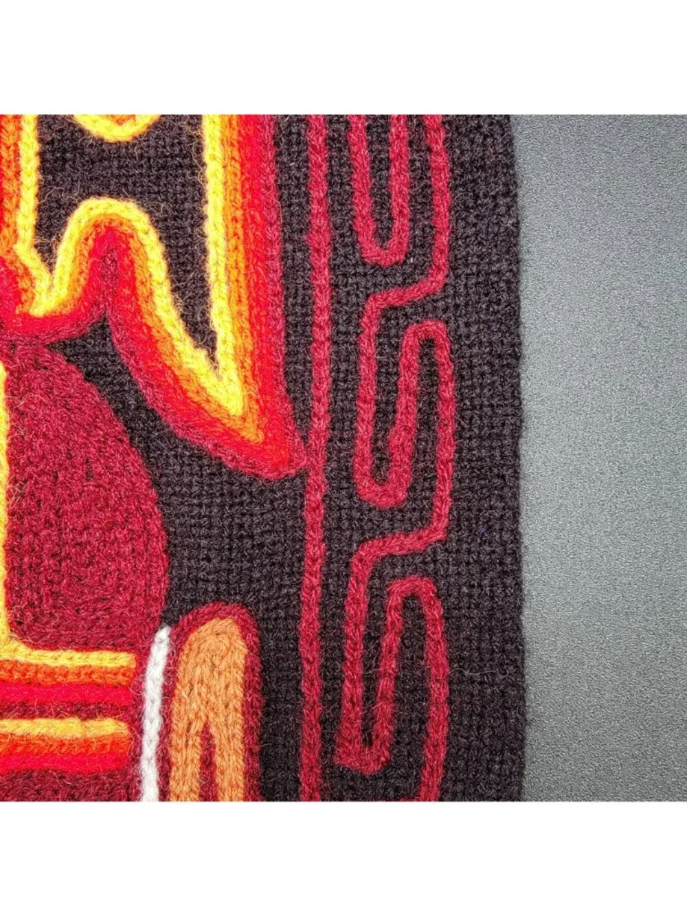 Vintage Peruvian Inca Folk Art Embroidered Wool Wall Hanging Red-Black Tapestry